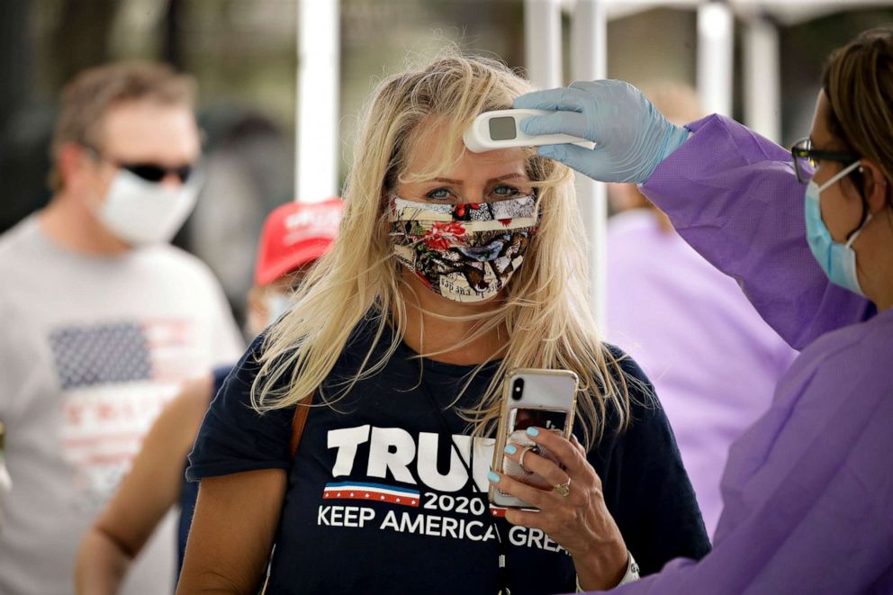 PHOTO:A supporter gets her temperature checked prior to attending a campaign rally for President Trump at the BOK Center in Tulsa, Okla., June 20, 2020.