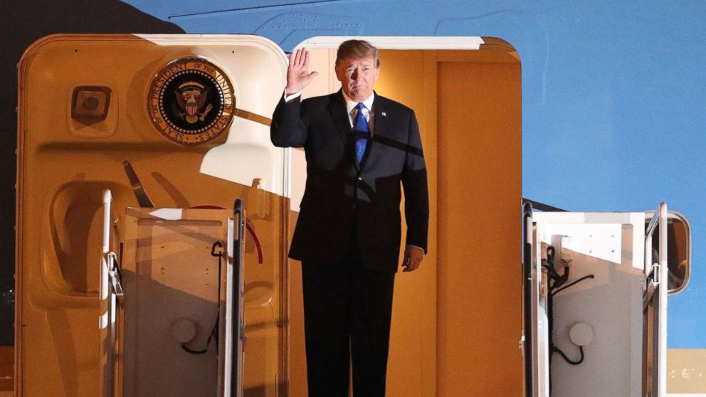 PHOTO: President Donald Trump waves after arriving at Noi Bai airport for the US-DPRK summit in Hanoi, Feb. 26, 2019.