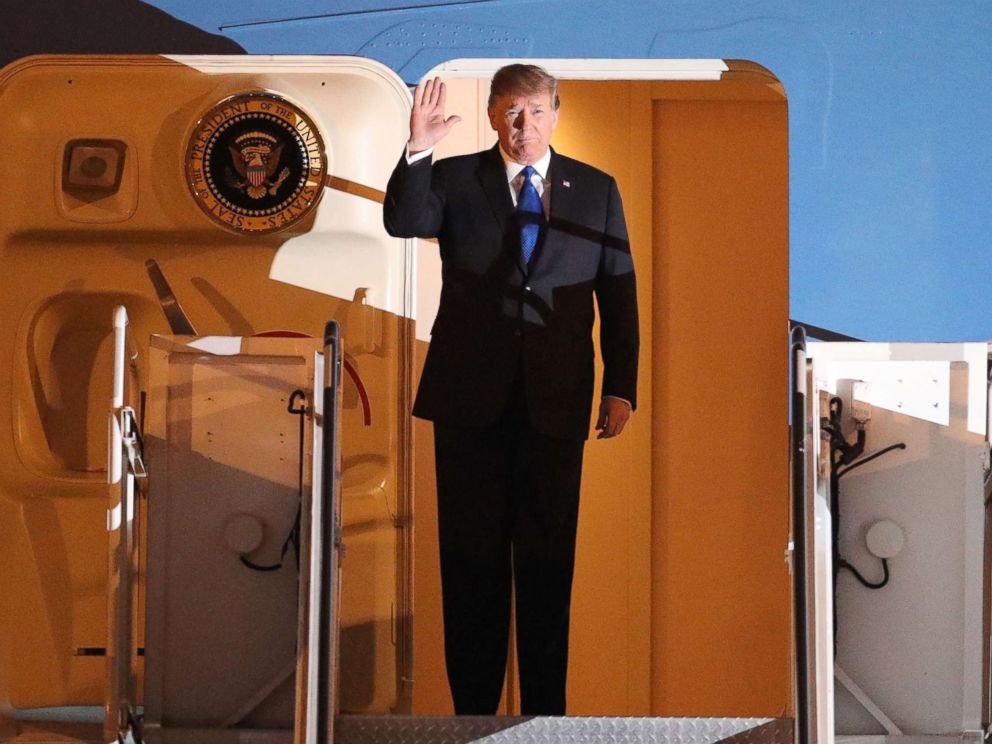 PHOTO: President Donald Trump waves after arriving at Noi Bai airport for the US-DPRK summit in Hanoi, Feb. 26, 2019.