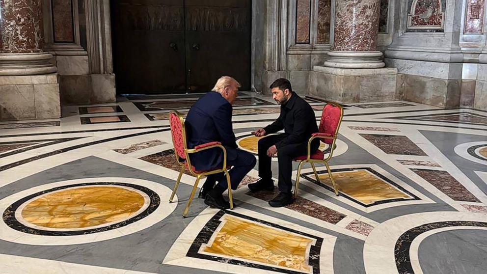 PHOTO: Ukraine's President Volodymyr Zelensky meets with President Donald Trump on the sidelines of Pope Francis's funeral at St. Peter's Basilica at the Vatican, April 26, 2025.