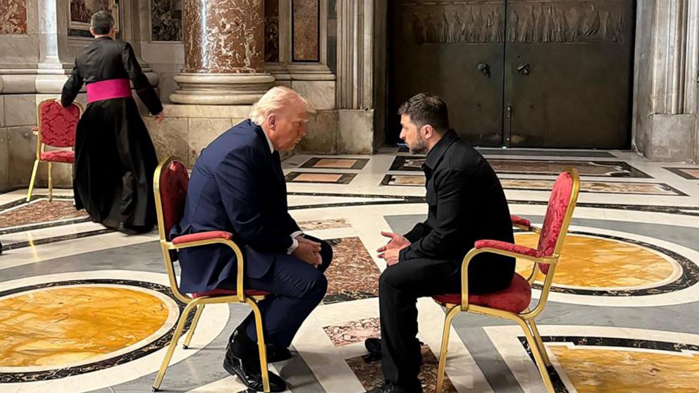 PHOTO: Ukraine's President Volodymyr Zelensky meets with President Donald Trump on the sidelines of Pope Francis's funeral at St. Peter's Basilica at the Vatican, April 26, 2025.