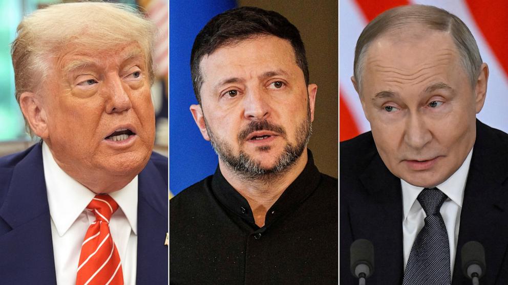 PHOTO: President Donald Trump in Washington, May 8, 2025, Ukrainian President Volodymyr Zelenskyy in Kyiv, Ukraine, May 13, 2025 and Russian President Vladimir Putin in Moscow, Russia May 14, 2025.