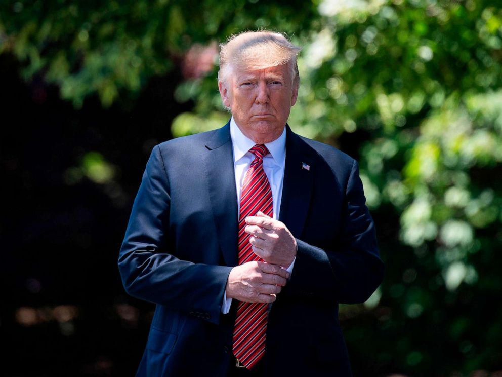 PHOTO: President Donald Trump walks out of the Oval Office to speak with reporters at the White House in Washington, D.C., June 11, 2019.