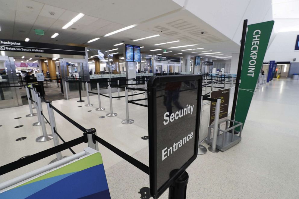 PHOTO: An empty queue at pre-security at the nearly empty San Francisco International Airport, due to the outbreak of coronavirus and COVID-19, in San Francisco, Calif., April 6, 2020. 
