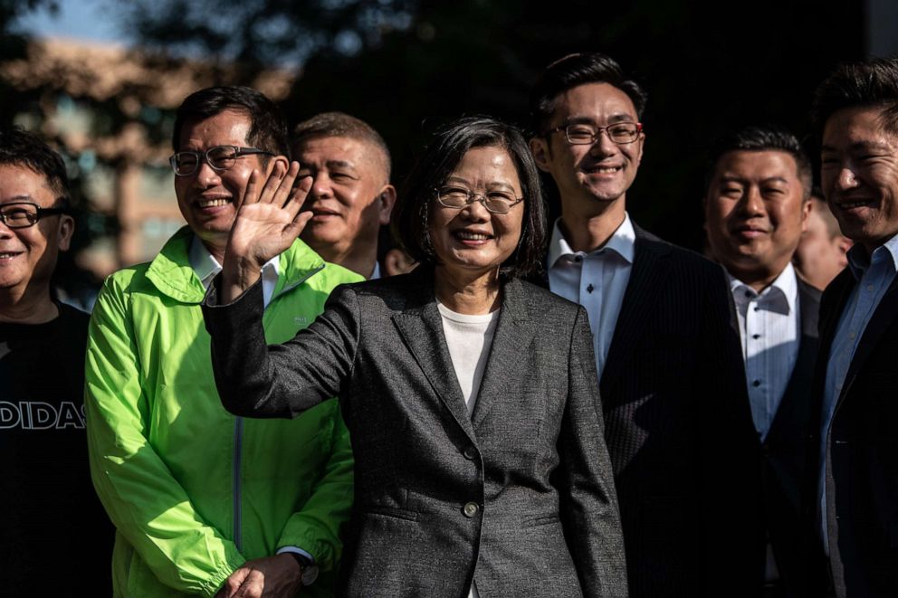 PHOTO: Taiwan's President Tsai Ing-wen waves to the media as she leaves after casting her vote in the presidential election on Jan. 11, 2020 in Taipei, Taiwan.