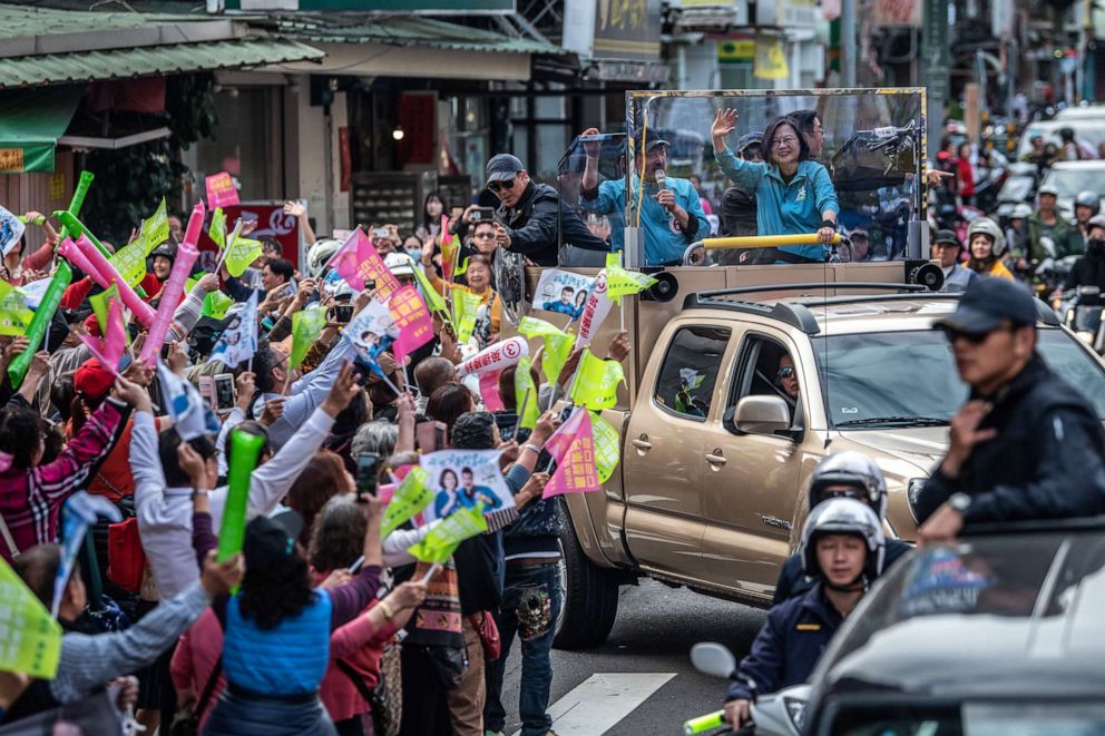 PHOTO: Taiwan's current president and Democratic Progressive Party presidential candidate, Tsai Ing-wen, waves from a car during a campaign event ahead of the presidential election on Jan. 10, 2020 in Taipei, Taiwan.