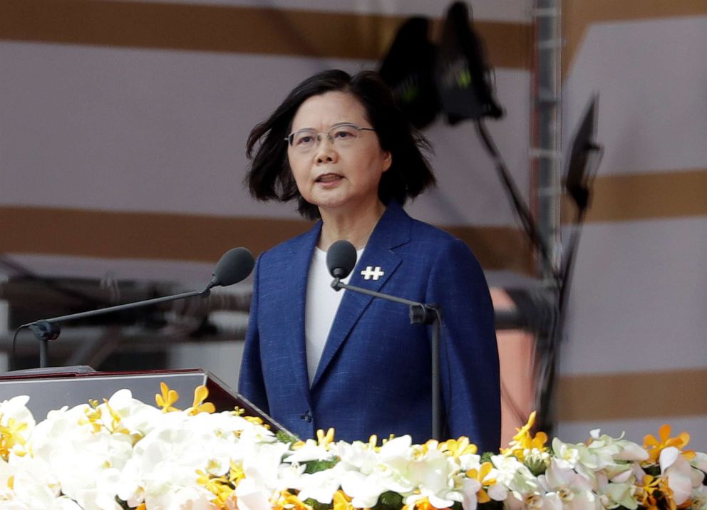 PHOTO: Taiwanese President Tsai Ing-wen delivers a speech during National Day celebrations in front of the Presidential Building in Taipei, Taiwan, Oct. 10, 2021.