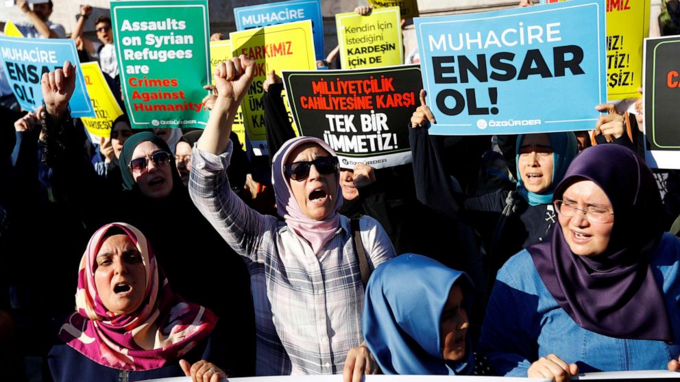 PHOTO: Demonstrators shout slogans in support of Syrian refugees during a protest against Turkish government's recent refugee policies in Istanbul, Turkey, on July 27, 2019.