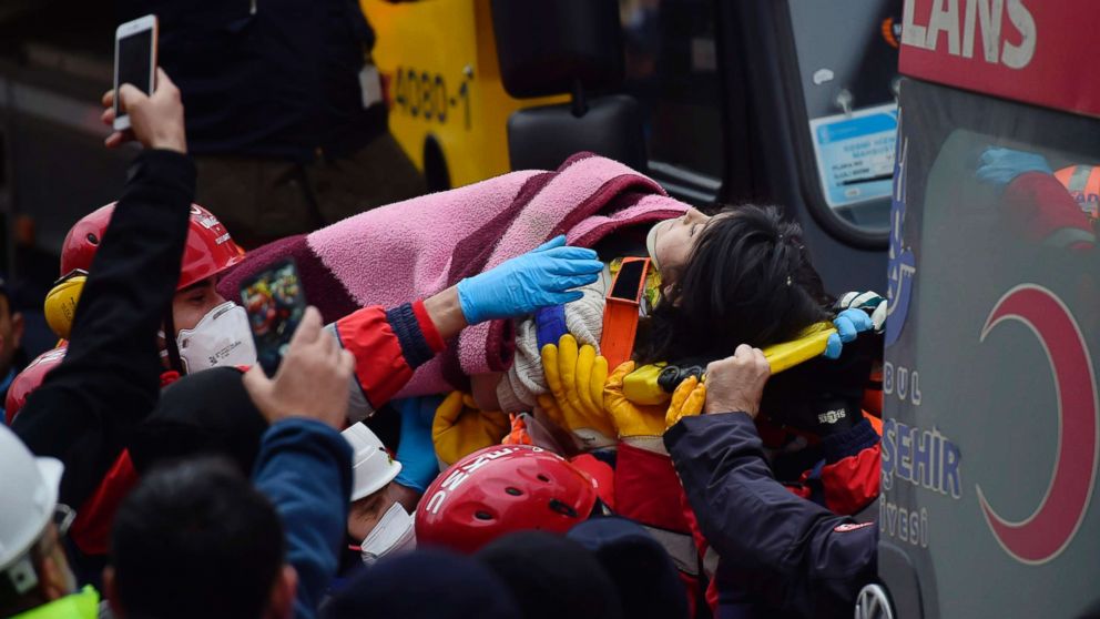 PHOTO: Rescue workers carry 5-year old girl Havva Tekgoz, is carried to a waiting ambulance after she was pulled from the rubble of an eight-story building, approximately 18-hours after it collapsed, in Istanbul, Feb. 7, 2019.