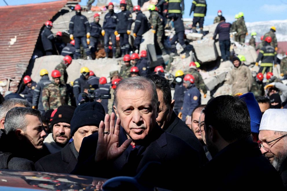 PHOTO: Turkish President Recep Tayyip Erdogan tours the site of destroyed buildings during his visit to the city of Kahramanmaras in southeast Turkey, two days after the severe earthquake that hit the region, Feb. 8, 2023.
