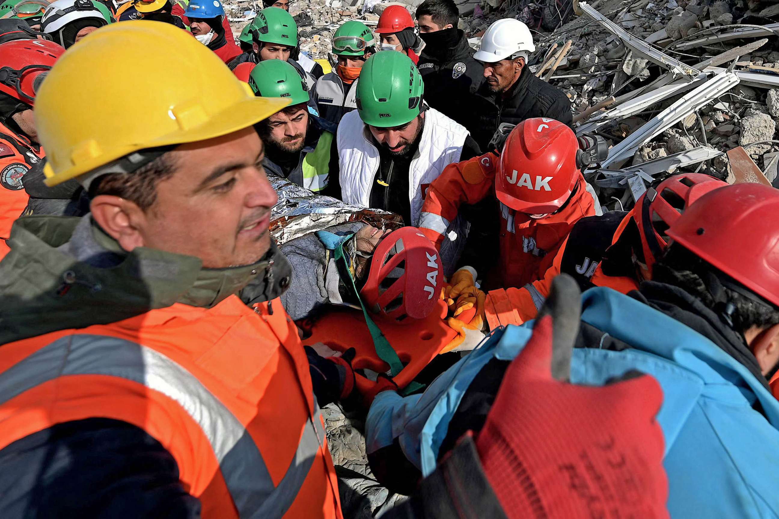 PHOTO: Rescuers lead a rescue operation to save 25-year-old Ayse from the rubble of a collapsed building in Kahramanmaras, Feb. 10, 2023, five days after a 7,8-magnitude earthquake struck southeast Turkey.