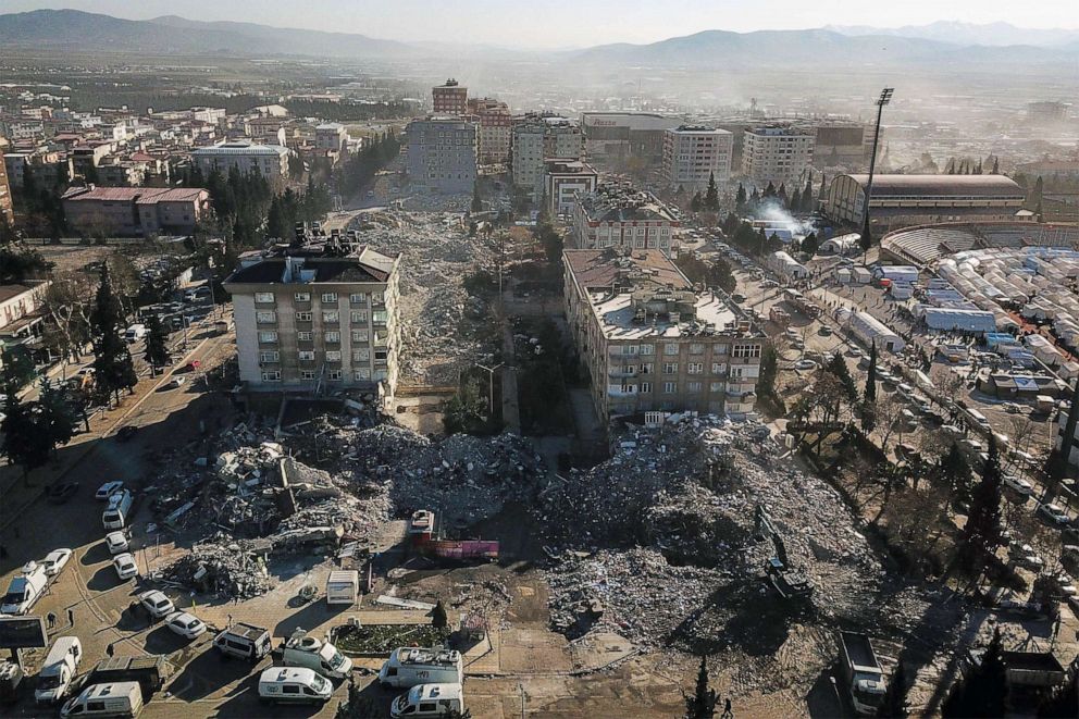 PHOTO: This aerial view shows collapsed buildings during the ongoing rescue operation in Kahramanmaras, the epicentre of the first 7.8-magnitude earthquake seven days ago, in southeastern Turkey, Feb. 13, 2023.