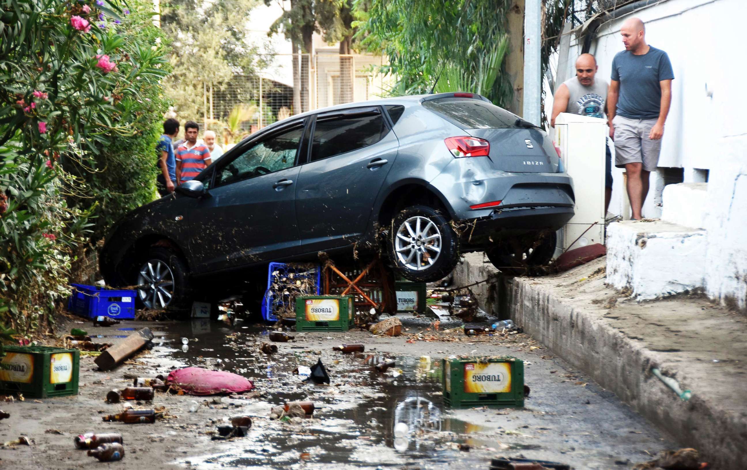 PHOTO: A car, damaged on the overnight earthquake is seen in Bodrum, Turkey, Friday, July 21, 2017.
