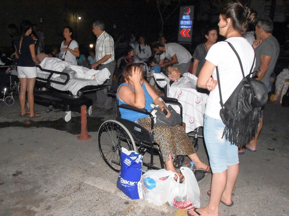PHOTO: People wait outside the emergency unit of a hospital in Bodrum, Turkey, early Friday, July 21, 2017 after a powerful earthquake struck Turkey's Aegean coast and nearby Greek islands.