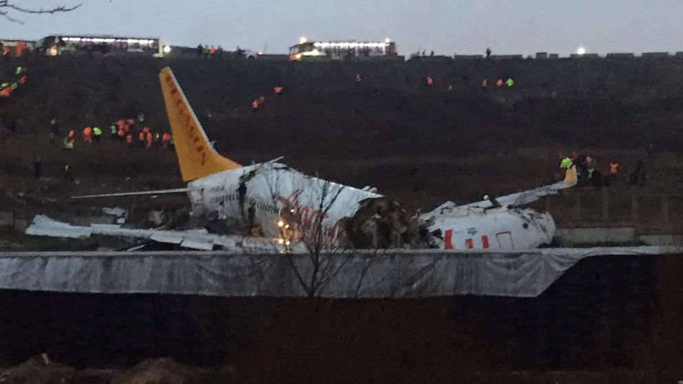 PHOTO: A Pegasus airlines Boeing 737 plane lies in pieces after it skidded off the runway at Istanbul's Sabiha Gokcen airport, Feb. 5, 2020.