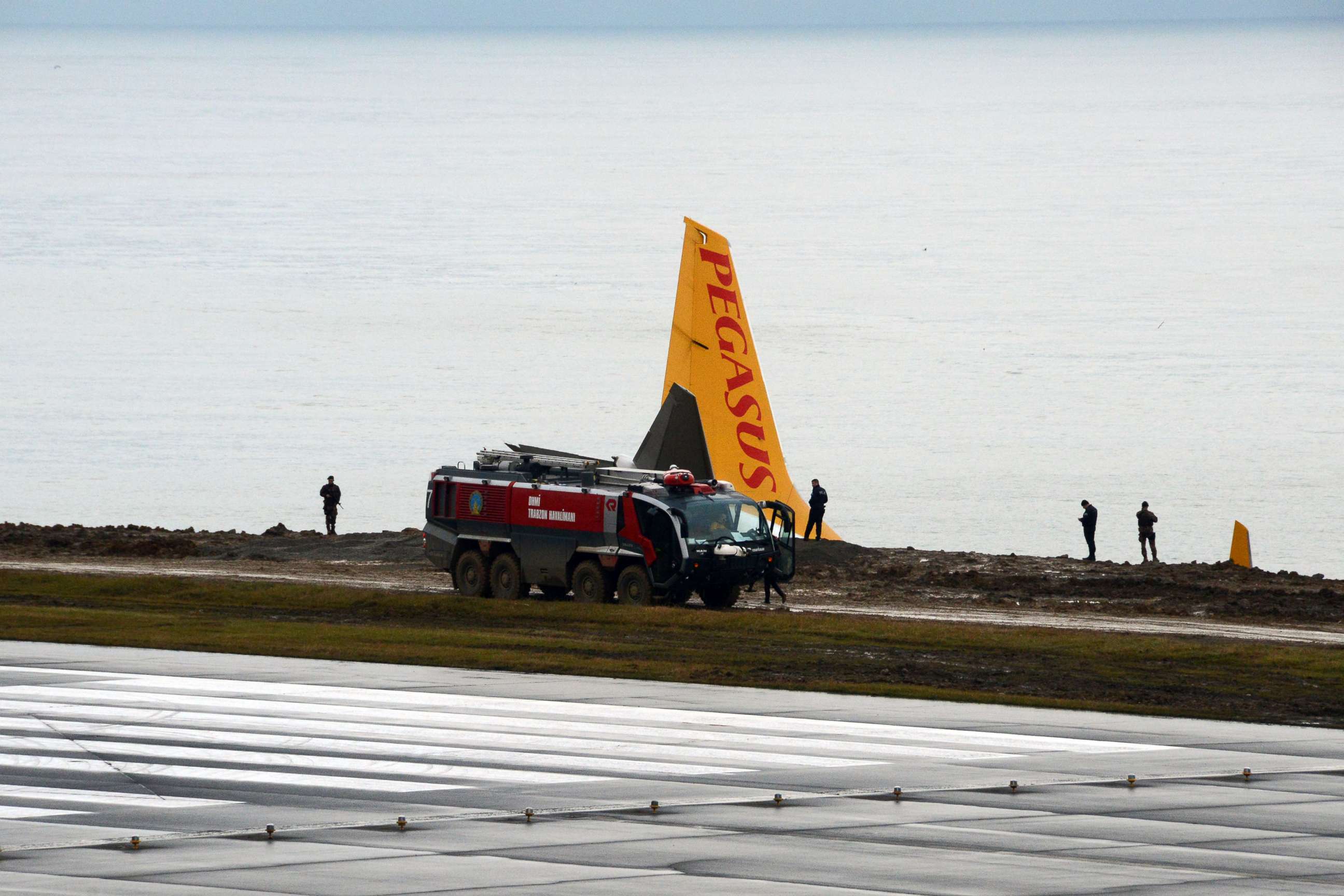 PHOTO: The site of accident where a Pegasus Airlines airplane skidded off the runway at Trabzon airport by the Black Sea in Trabzon, Turkey is pictured Jan. 14, 2018.