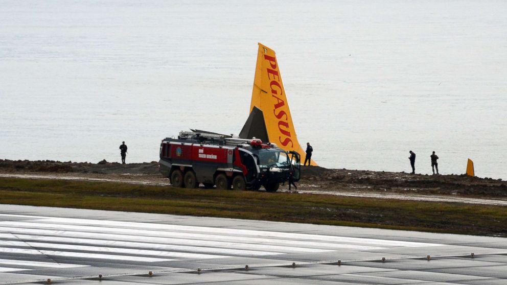 PHOTO: The site of accident where a Pegasus Airlines airplane skidded off the runway at Trabzon airport by the Black Sea in Trabzon, Turkey is pictured Jan. 14, 2018.
