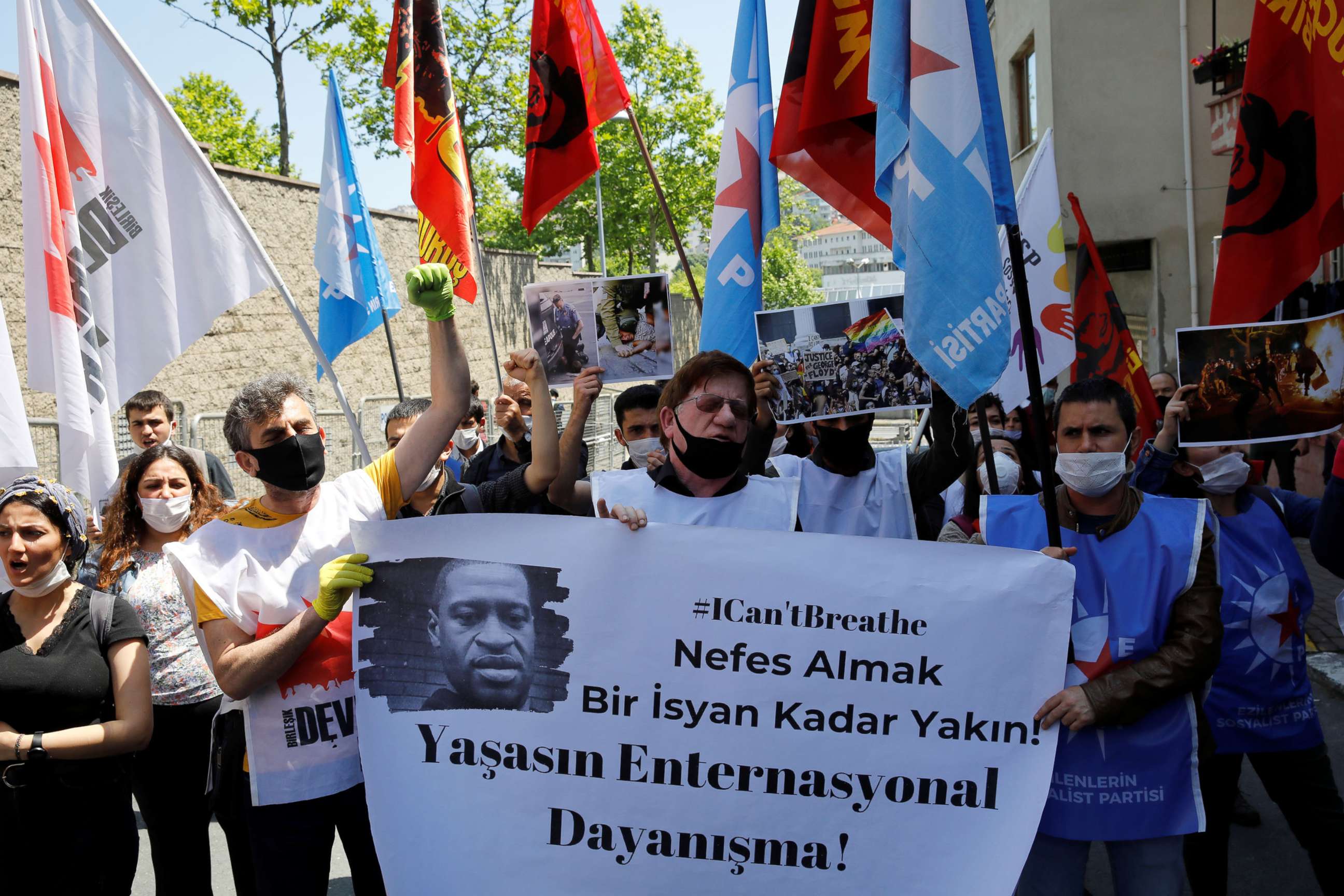 PHOTO: Demonstrators protest over the death of African-American man George Floyd in Minneapolis police custody, in front of the U.S. consulate in Istanbul, Turkey, June 4, 2020.