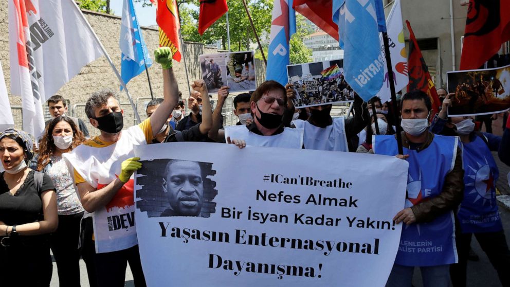 PHOTO: Demonstrators protest over the death of African-American man George Floyd in Minneapolis police custody, in front of the U.S. consulate in Istanbul, Turkey, June 4, 2020.