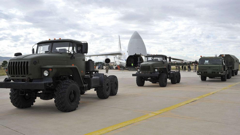 PHOTO: A photograph taken and released on July 12, 2019, shows a Russian military cargo plane carrying S-400 missile defense system from Russia transported to the Murted military airbase in Ankara, Turkey.