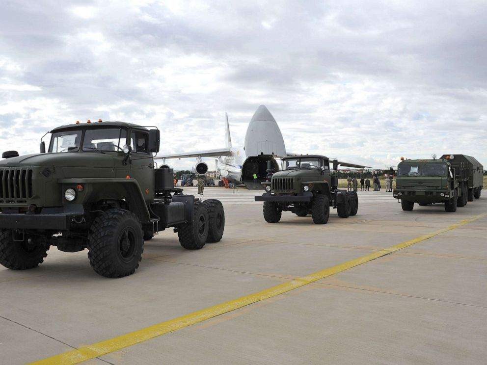 PHOTO: A photograph taken and released on July 12, 2019, shows a Russian military cargo plane carrying S-400 missile defense system from Russia transported to the Murted military airbase in Ankara, Turkey.