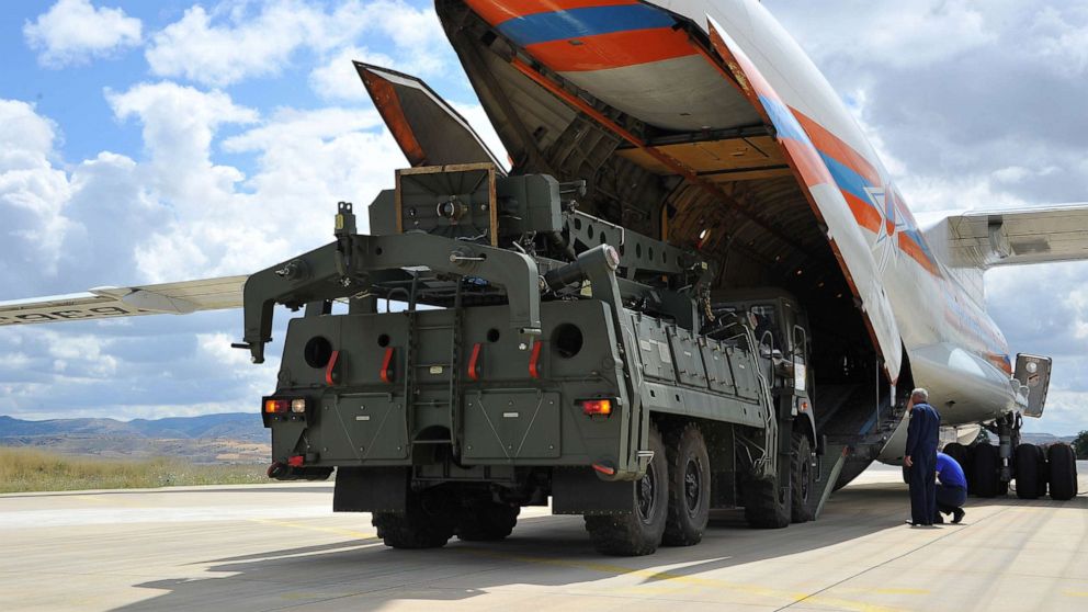 PHOTO: Parts of a Russian S-400 missile defense system are unloaded from a Russian plane at Murted Airport, known as Akinci Air Base, near Ankara, Turkey, July 12, 2019.