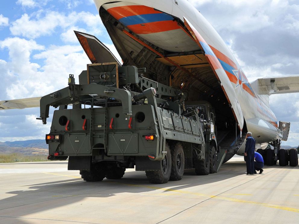 PHOTO: Parts of a Russian S-400 missile defense system are unloaded from a Russian plane at Murted Airport, known as Akinci Air Base, near Ankara, Turkey, July 12, 2019.