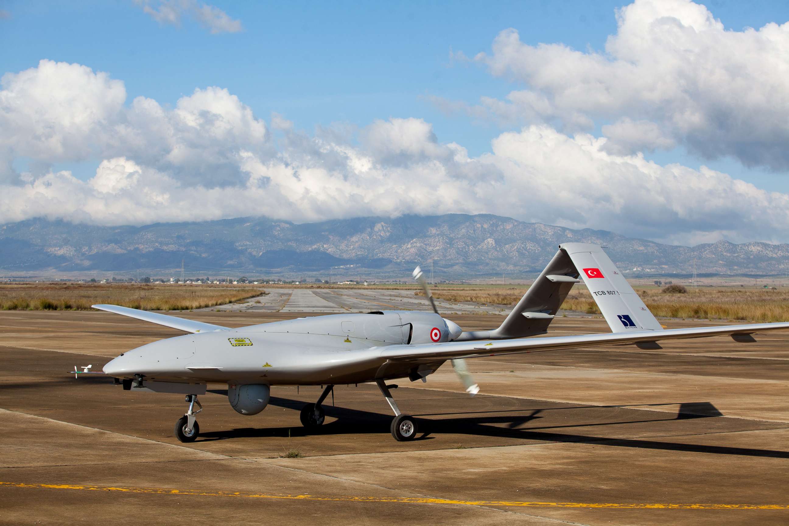 PHOTO: In this Dec. 16, 2019, file photo, a Turkish-made Bayraktar TB2 drone is shown at Gecitkale military airbase near Famagusta in the self-proclaimed Turkish Republic of Northern Cyprus.