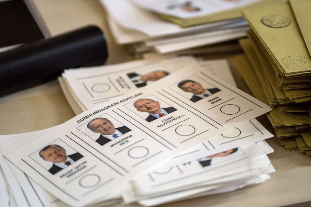 PHOTO: FILE - Turkey's presidential candidates on a ballot at a polling station in Istanbul, Turkey, May 14, 2023.