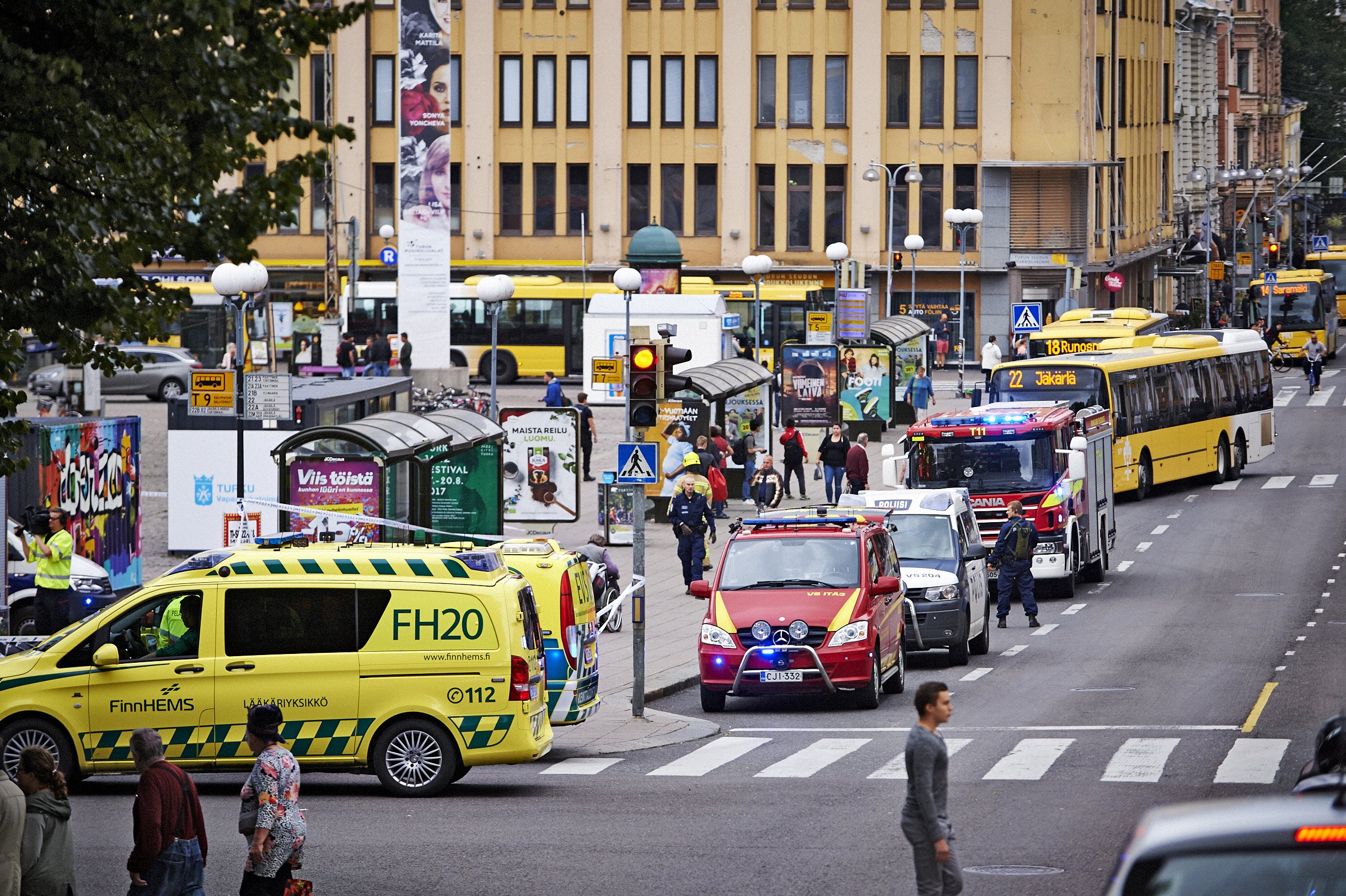 PHOTO: Ambulances gather at the site of a multiple stabbing on the Market Square in Turku, Finland, Aug. 18, 2017.