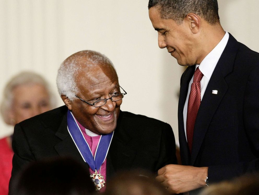 PHOTO: FILE - US President Barack Obama presents a 2009 Presidential Medal of Freedom to Desmond Tutu, widely regarded as "South Africa's moral conscience," who was a leading anti-apartheid activist in South Africa.