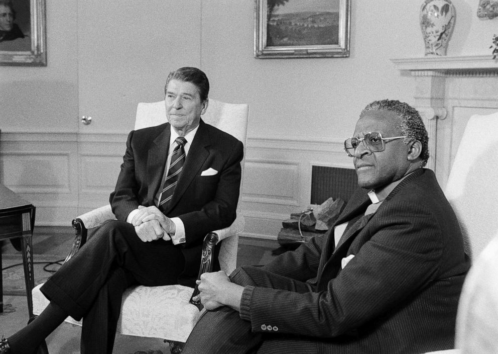 PHOTO: FILE - President Ronald Reagan, left, meets with South African Bishop Desmond Tutu at the White House, Friday, Dec. 7, 1984, Washington, D.C.