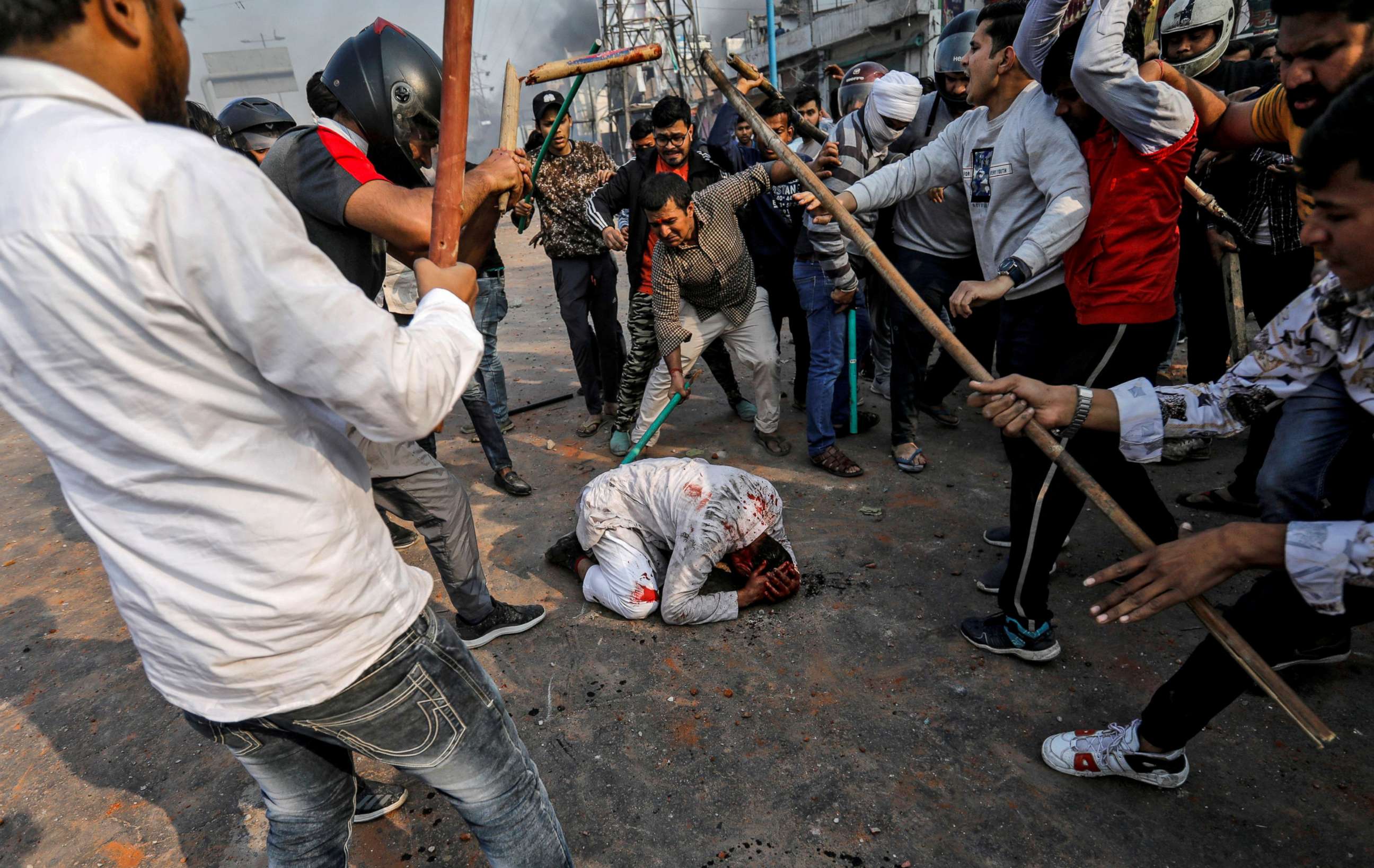 PHOTO: A group of men chanting pro-Hindu slogans beat Mohammad Zubair, 37, who is Muslim, during protests sparked by a new citizenship law in New Delhi, Feb. 24, 2020.