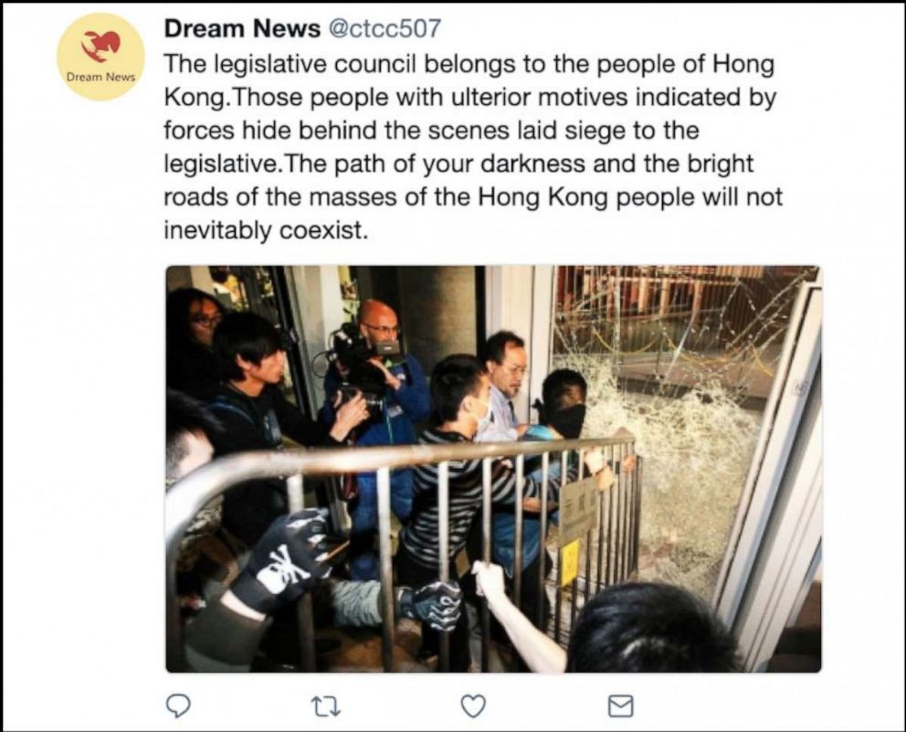 PHOTO: An example of the kinds of content that Twitter says were deliberately attempting to sow political discord in Hong Kong, including undermining the protest movement.