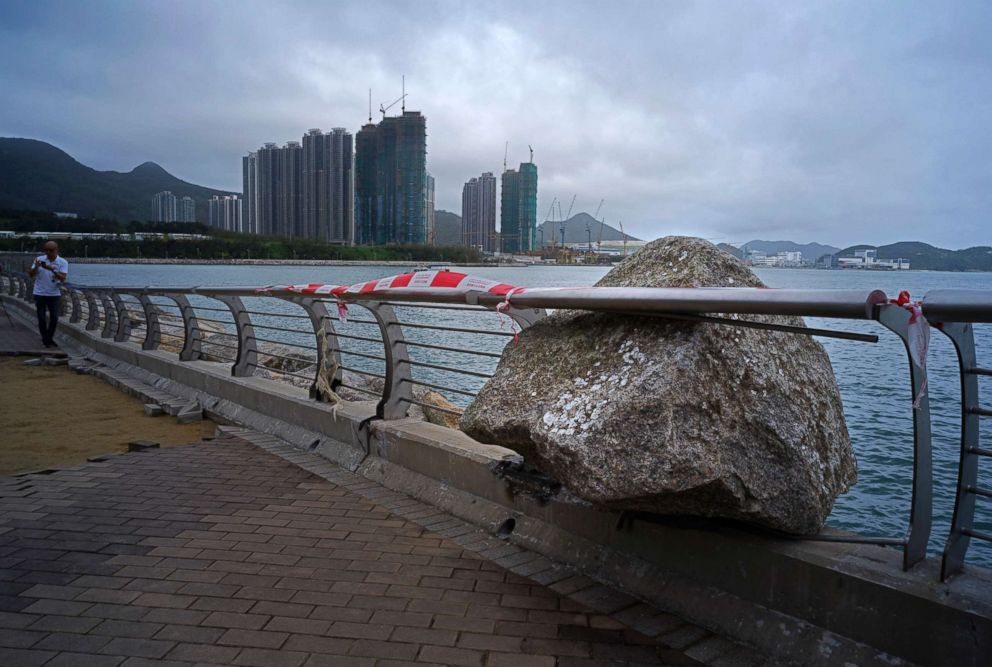 PHOTO: A large rock pick up by Typhoon Mangkhut is stuck in a railing along the waterfront in Hong Kong, Sept. 17, 2018.