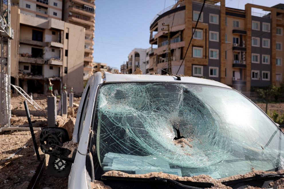 PHOTO: A damaged car at the site of a strike on a building in Burj el-Shamali, following an escalation between Hezbollah and Israel amid the U.S.-Israeli conflict with Iran, in Tyre, Lebanon, March 18, 2026.