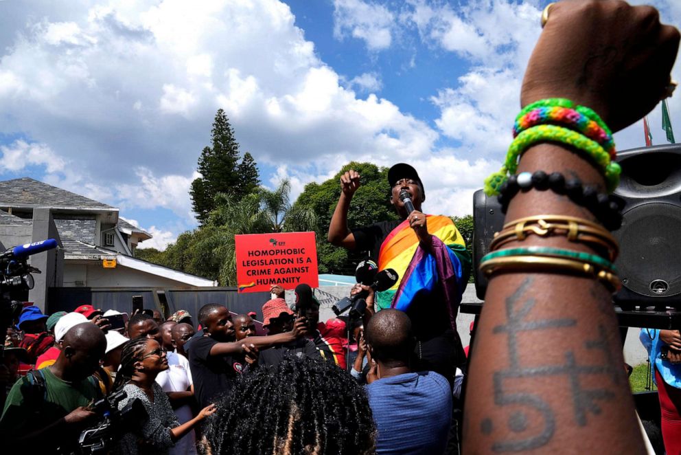 PHOTO: In this April 4, 2023, file photo, the Economic Freedom Fighters (EFF) leader Julius Malema speaks during their picket against Uganda's anti-homosexuality bill at the Ugandan High Commission in Pretoria, South Africa.