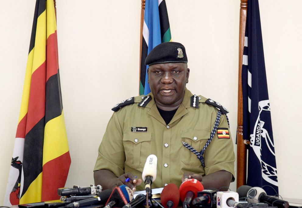 PHOTO: Uganda's police spokesperson Fred Enanga addresses the media on the rescue of American tourist Kimberley Sue Endecott, who was abducted by gunmen in Queen Elizabeth National Park, at the police headquarters in Kampala, Uganda, April 8, 2019.