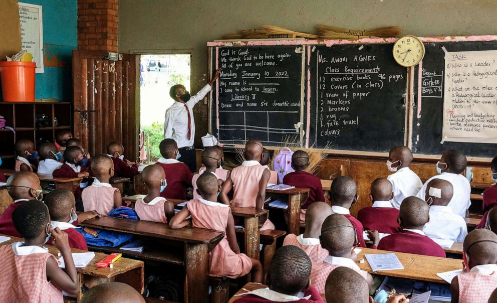 PHOTO: Pupils wear face masks as they attend class at Kitante Primary School in Kampala, Uganda , Jan. 10, 2022.