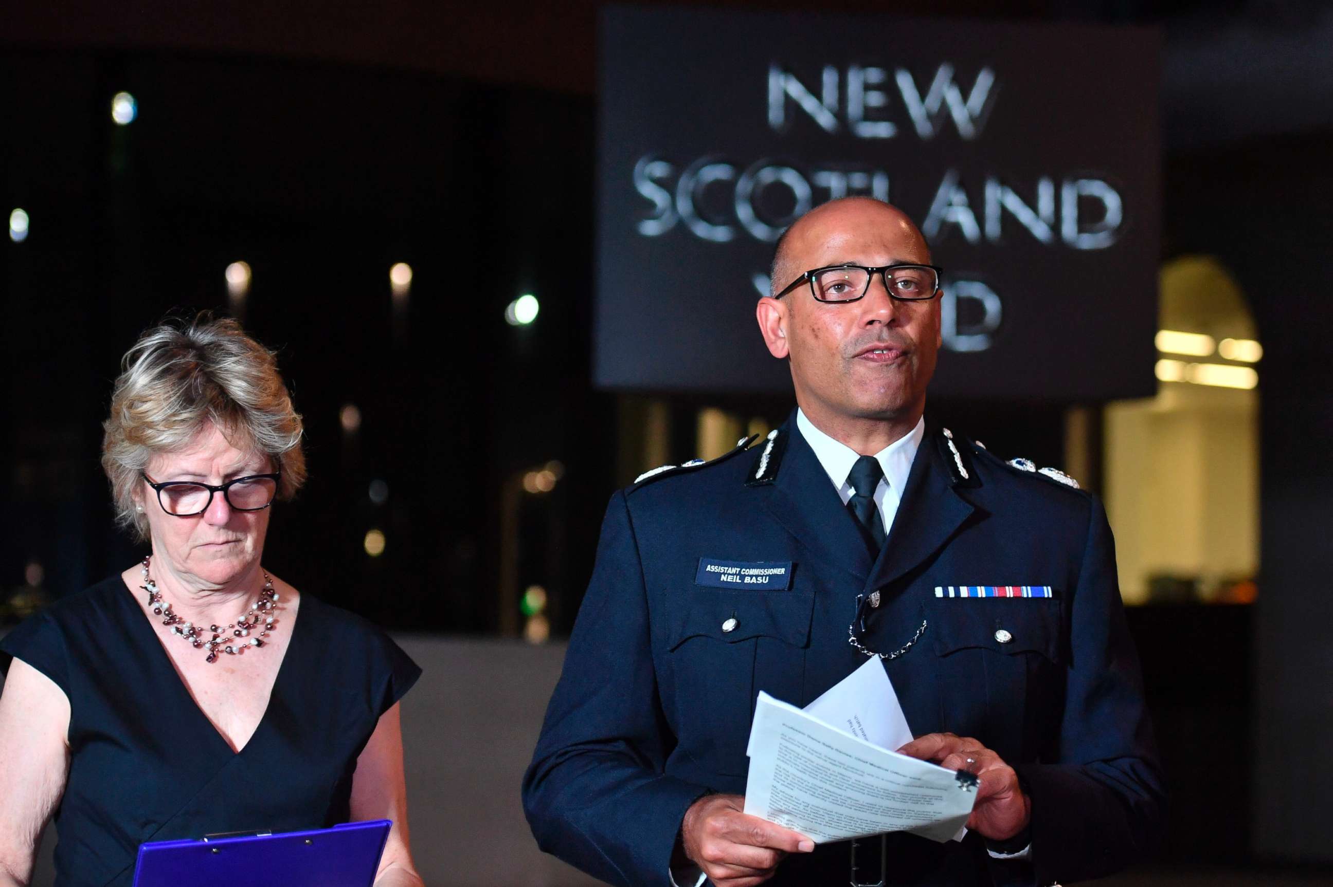 PHOTO: The UK's head of counter-terrorism policing Neil Basu, right, and chief medical officer for England Dame Sally Davies speaking at a news conference at New Scotland Yard in London, July 4, 2018.