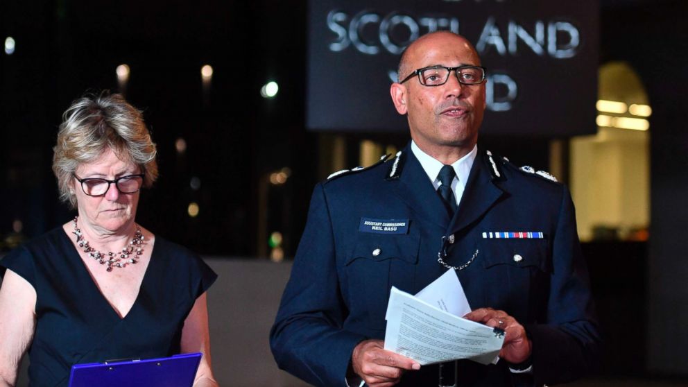 PHOTO: The UK's head of counter-terrorism policing Neil Basu, right, and chief medical officer for England Dame Sally Davies speaking at a news conference at New Scotland Yard in London, July 4, 2018.