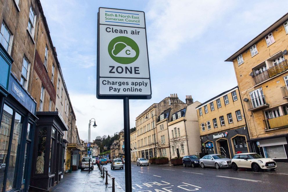 PHOTO: A Clean Air Zone sign along one of the main traffic arteries in the historic city of Bath, March 14, 2021 in Bath, England.