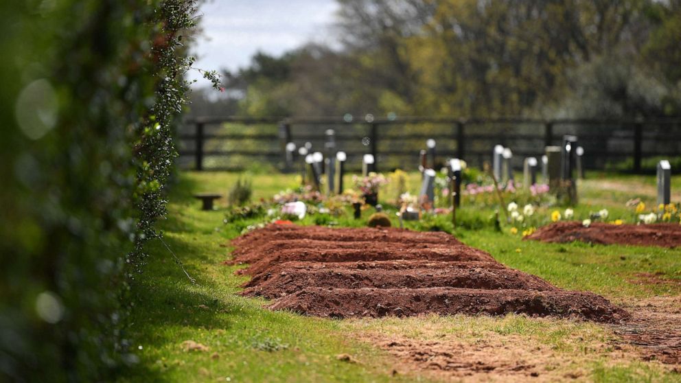 PHOTO: Pre-dug graves for Covid-19 deaths are seen in Maker Cemetery on April 14, 2020 in Maker, England.