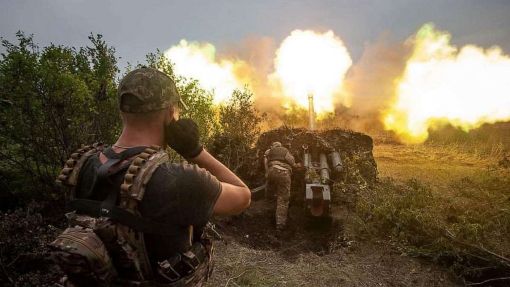 PHOTO: This handout picture released by General Staff of the Armed Forces of Ukraine, Sept. 21, 2022, shows Ukrainian artillerymen firing from a cannon along the front line at unknown location in the Ukraine.