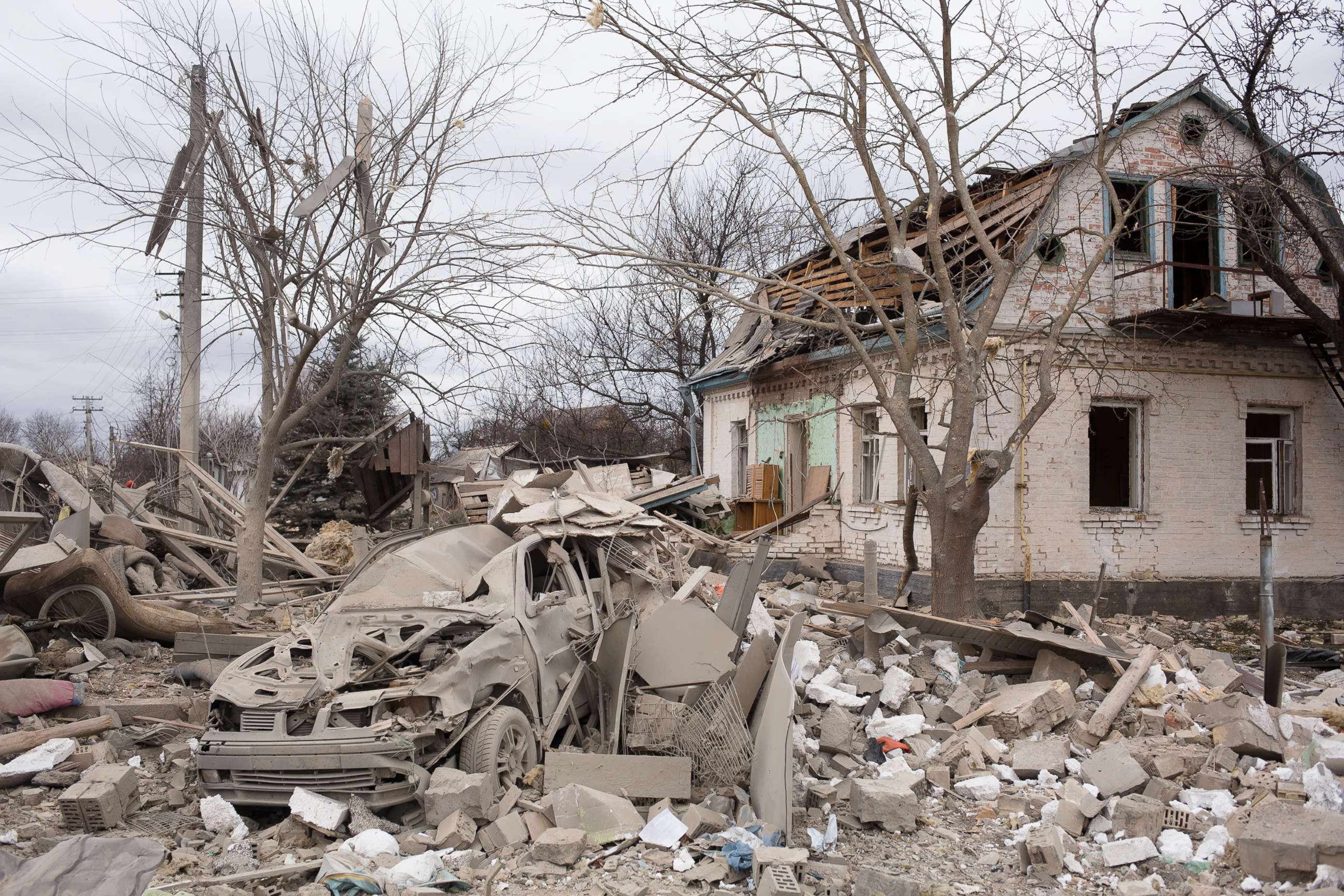 PHOTO: A view of residential houses which were destroyed by shelling, March 5, 2022, in Markhalivka, Ukraine. Regional police said six people died, including a child, and four were wounded in a Russian air strike on this village southwest of Kyiv.