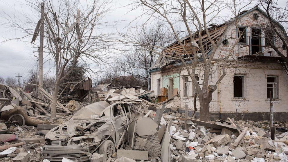 PHOTO: A view of residential houses which were destroyed by shelling, March 5, 2022, in Markhalivka, Ukraine. Regional police said six people died, including a child, and four were wounded in a Russian air strike on this village southwest of Kyiv.