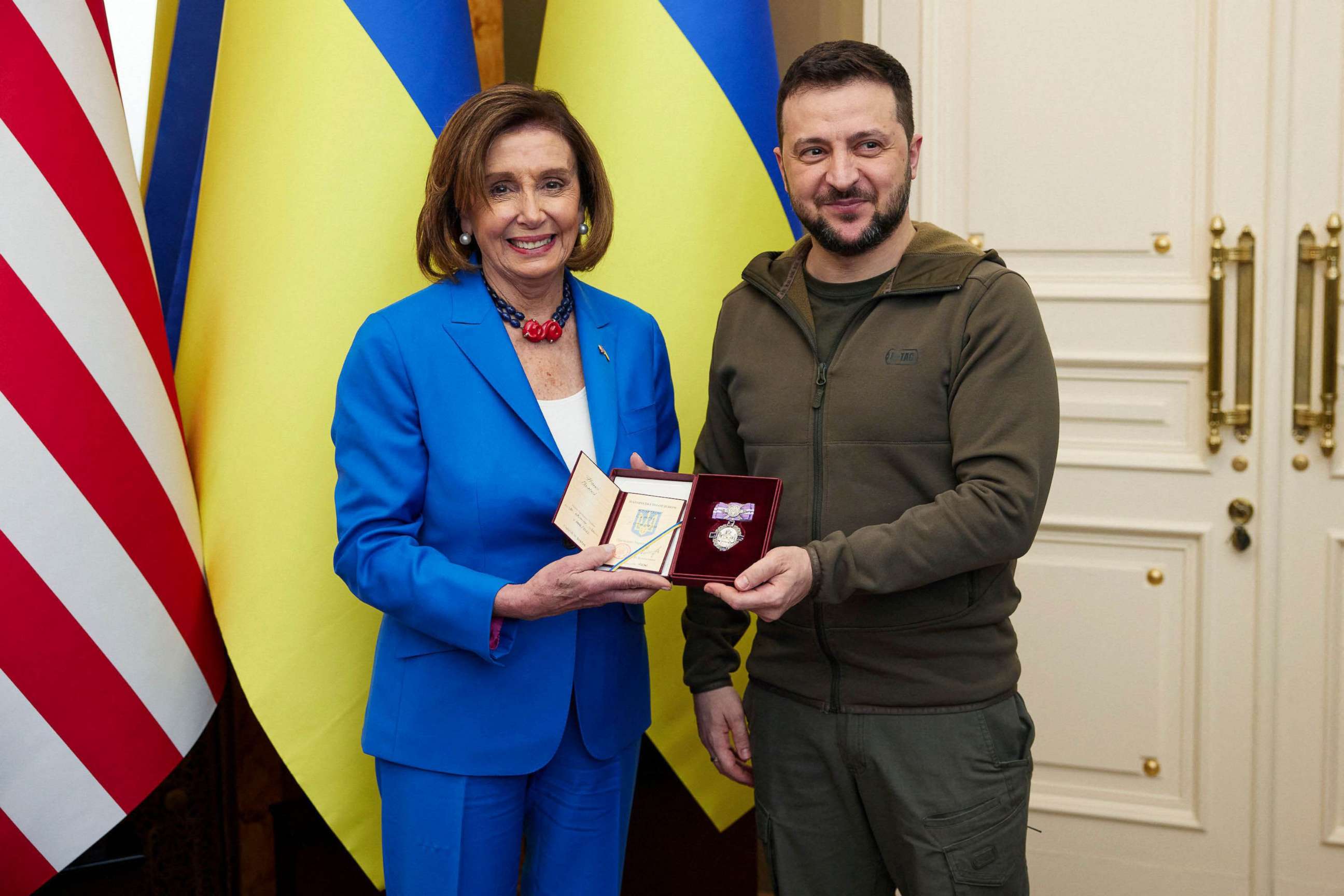 PHOTO: President of Ukraine Volodymyr Zelensky presents the Order of Princess Olga to US Speaker of the House of Representatives Nancy Pelosi during their meeting in Kyiv, Ukraine, May 1, 2022.