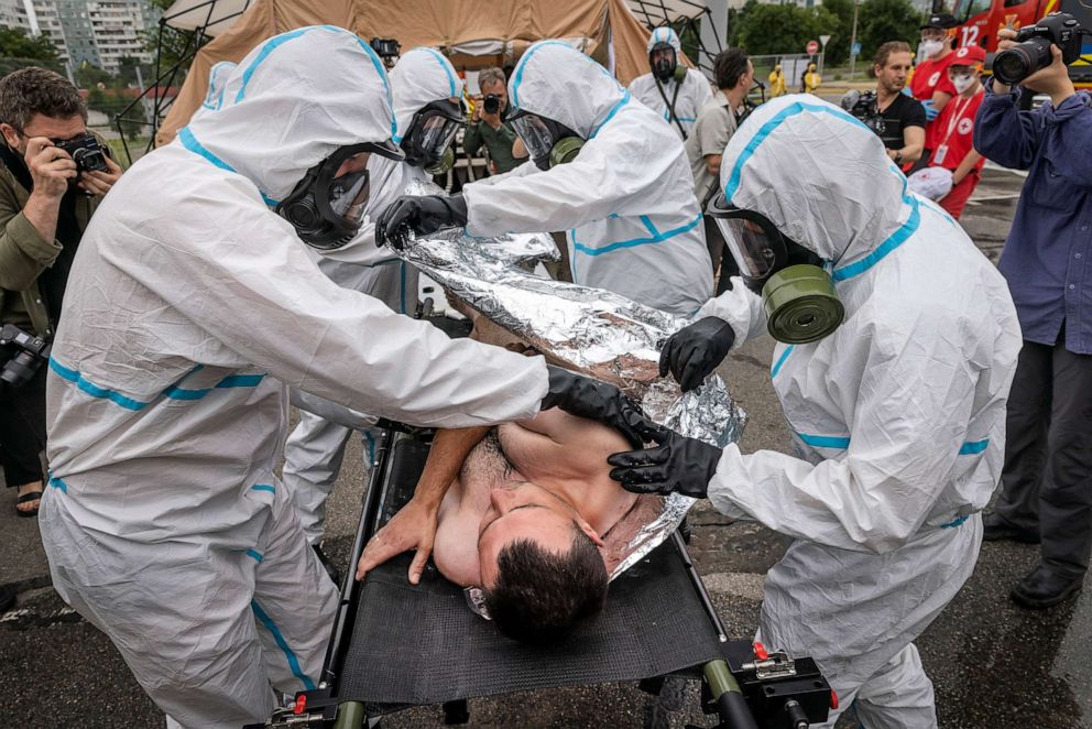 PHOTO: Ukrainian emergency workers take part in a drill simulating a nuclear disaster in Zaporizhzhia, Ukraine, on June 29, 2023.