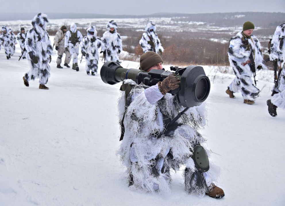 PHOTO: Ukrainian soldiers take part in an exercise for the use of NLAW anti-tank missiles at the Yavoriv military training ground, close to Lviv, western Ukraine, Jan. 28, 2022.