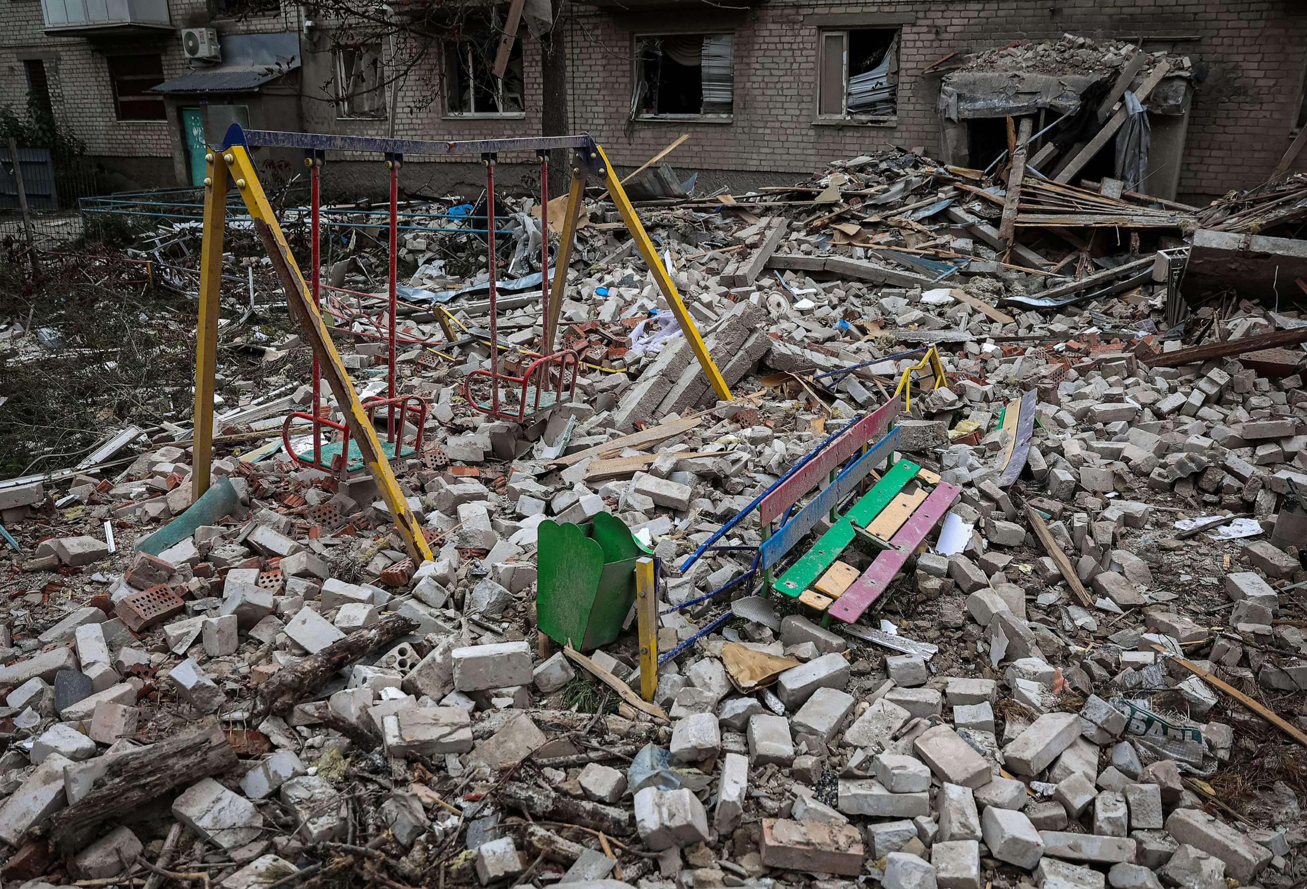 PHOTO: This photograph taken on Sep. 30, 2022 shows a playground in a yard of a destroyed apartment building in the town of Sviatohirsk, Ukraine.